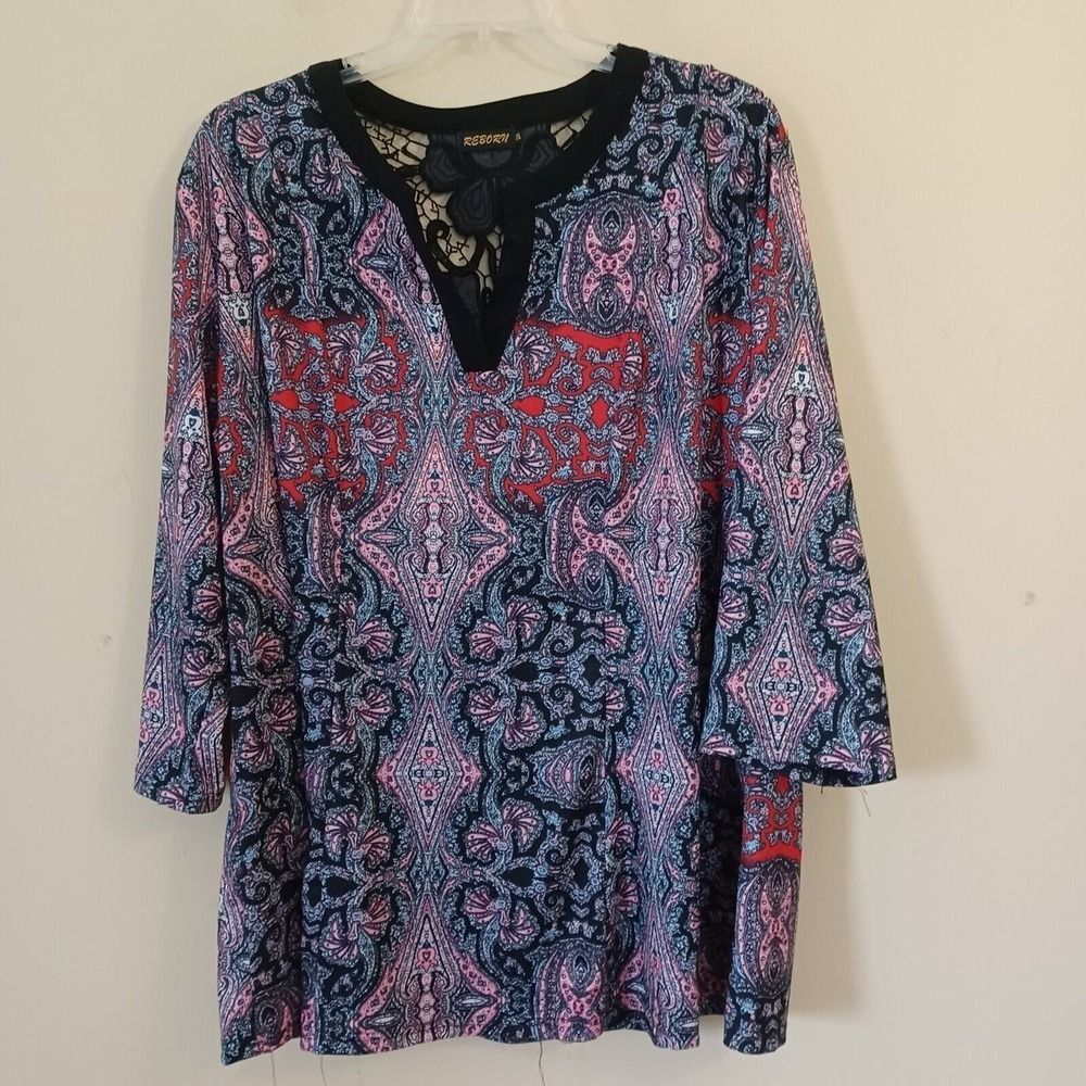 Reborn Top 3X‎ Red Black Lace VNeck 3/4 Sleeve Paisley Boho Whimsy Artsy Casual